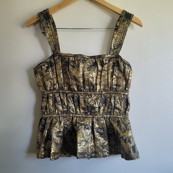 Eva Franco, Floral Metallic Top, Gold/Midnight Blue, Size 2 - Picture 1 of 4